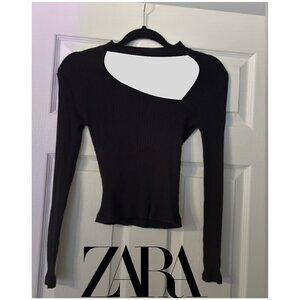 Zara Black Ribbed Cutout Long Sleeve Mock Neck Cropped Shirt Top